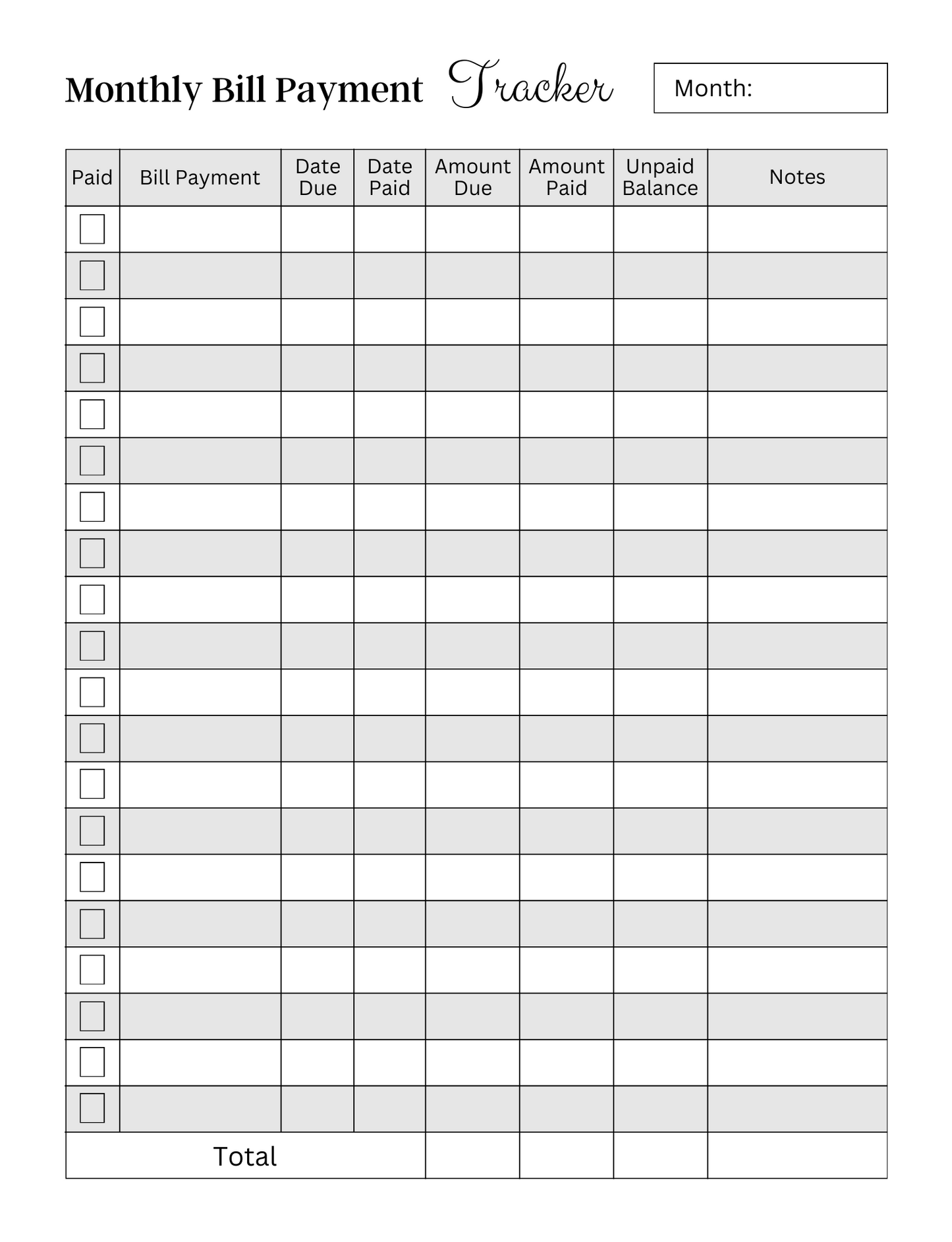 Monthly Bill Payment Tracker