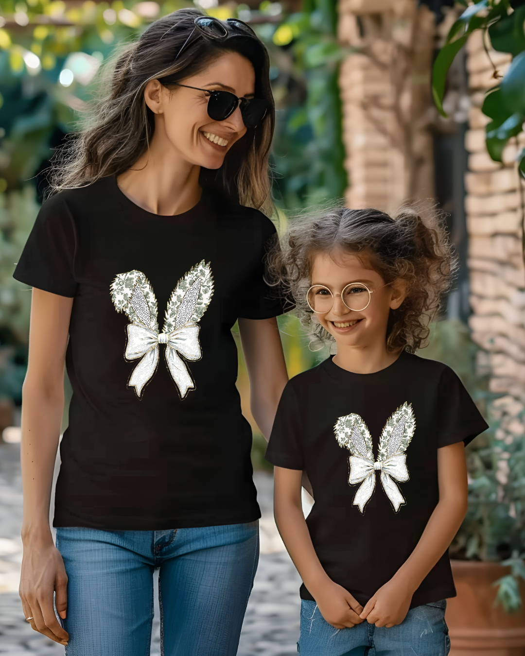 Matching Easter Bunny Bow T-Shirts – All Sizes | Available in Black, White, Pink, Beige & Silver