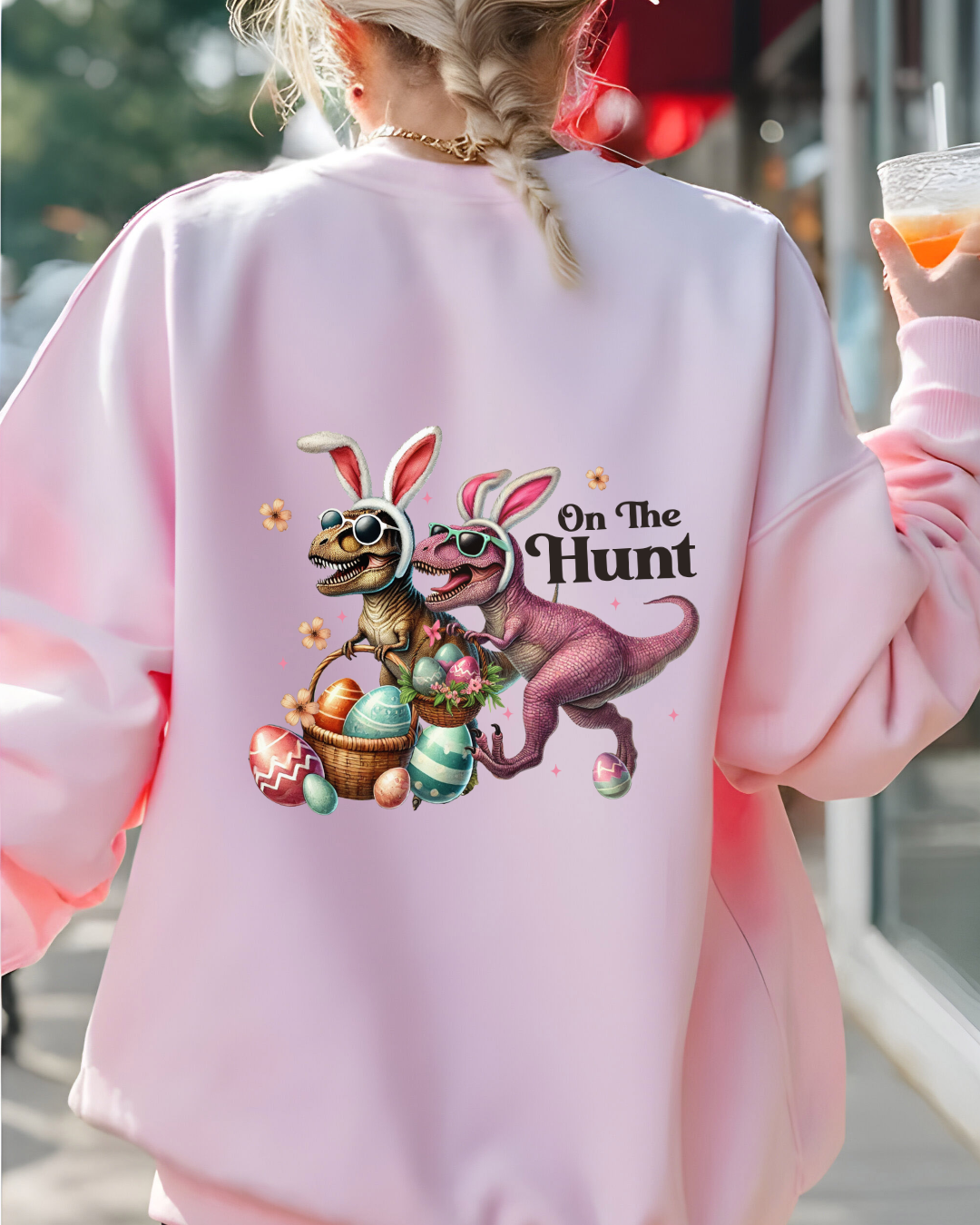 “On The Hunt” Easter Dinosaur Sweatshirt – All Adult Sizes | Available in White, Pink, Beige & Silver
