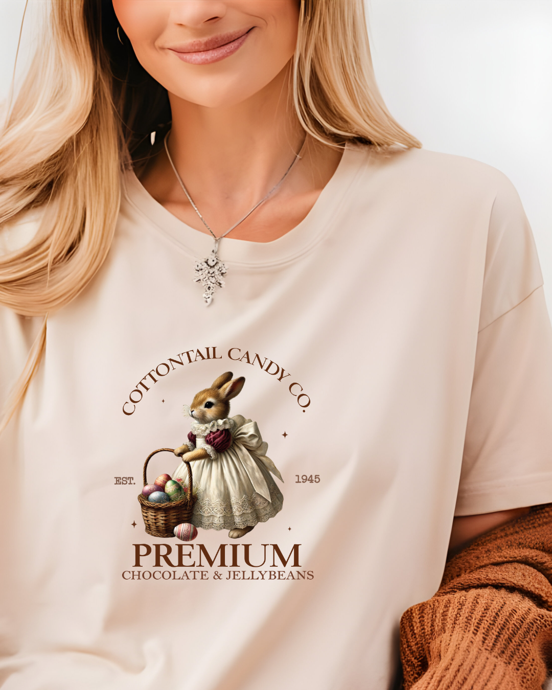 Cottontail Candy Co.” Vintage Easter Bunny T-Shirt – All Adult Sizes | Available in White, Pink, Beige & Silver