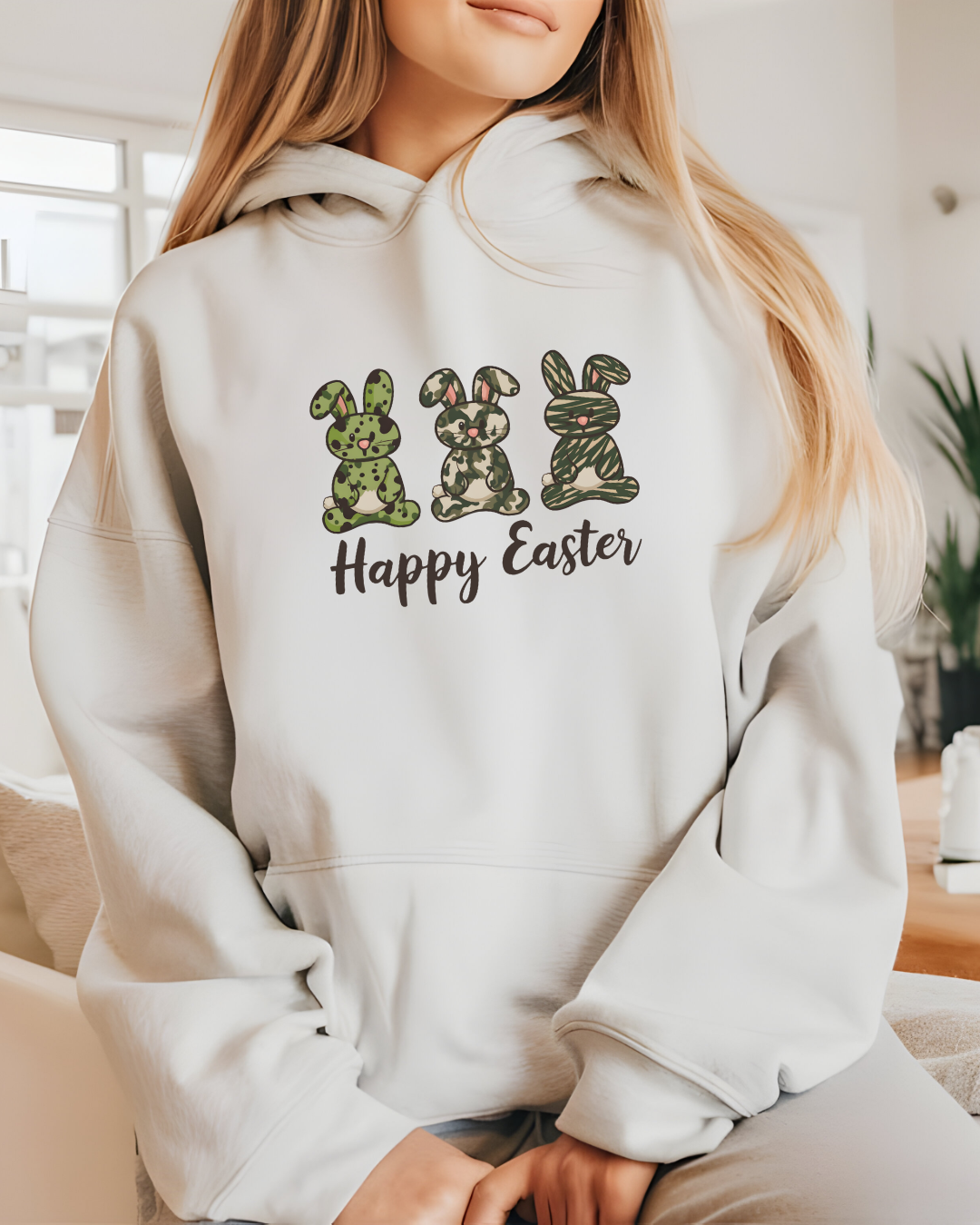 “Happy Easter” Camouflage Bunny Hoodie – All Sizes | Available in White, Beige & Silver