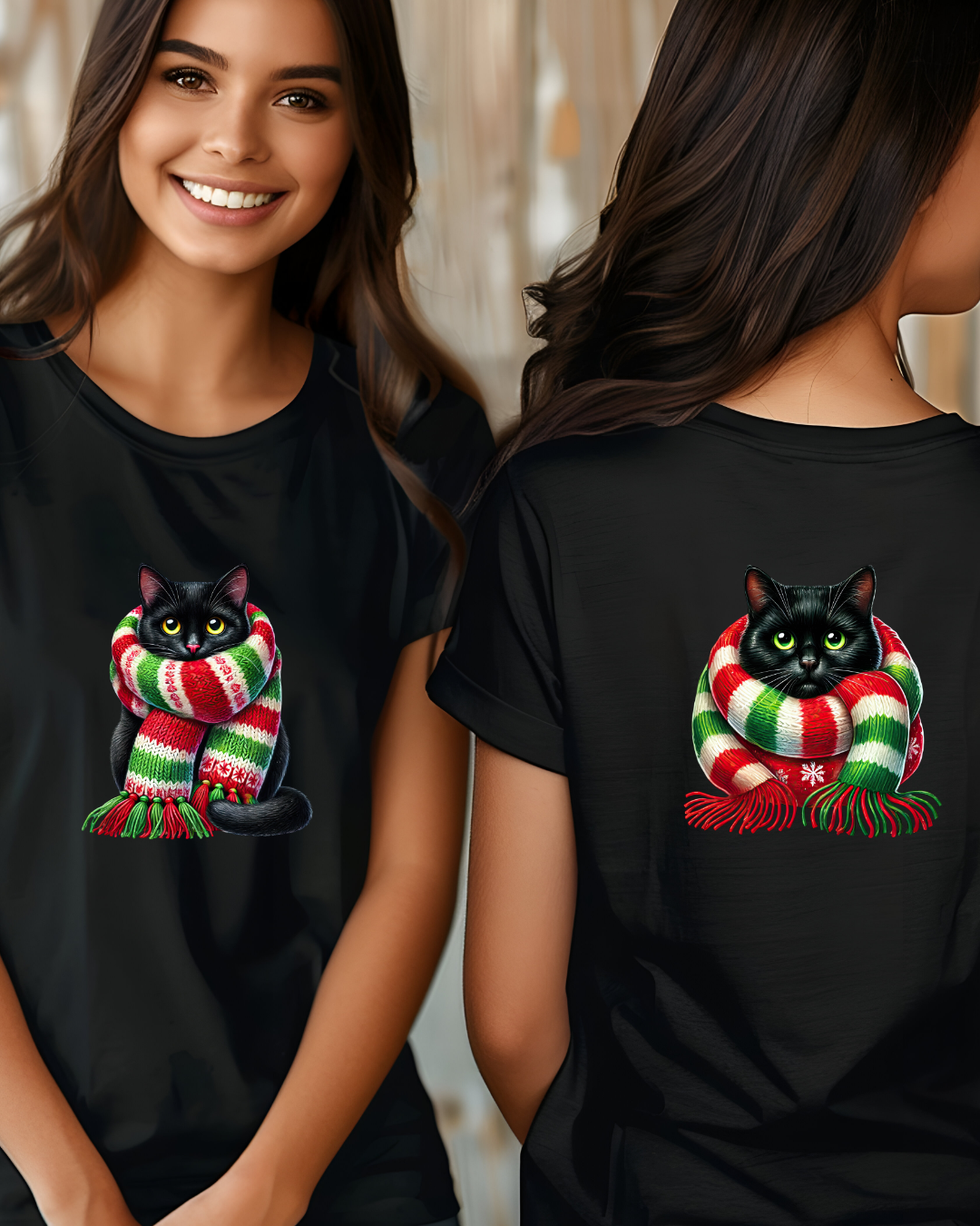 Cute Christmas Wrapped Black Cat  with Scarf T-Shirt