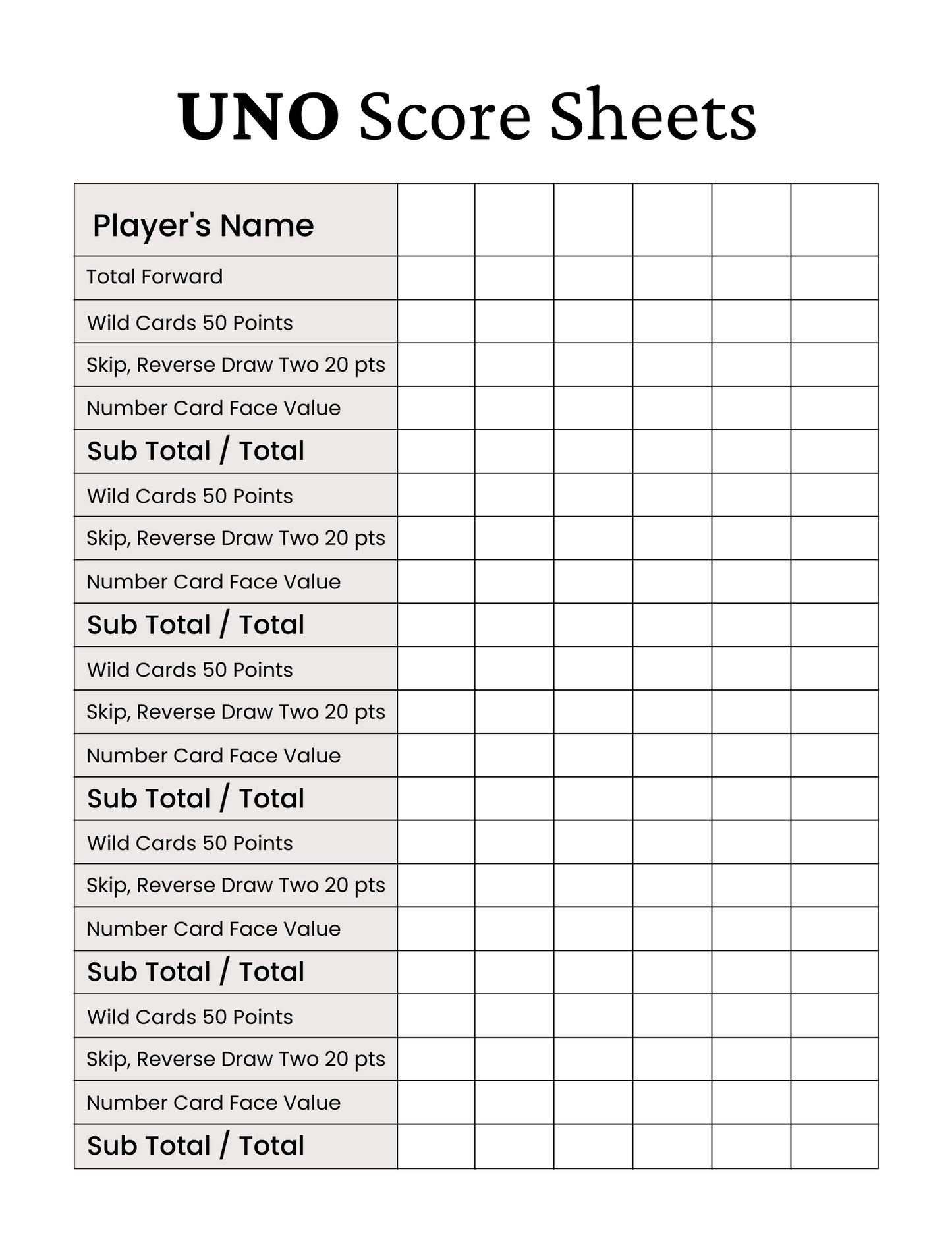 Uno Score Sheet