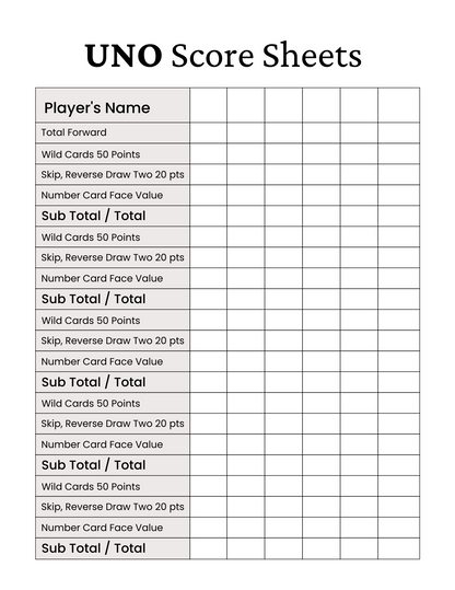 Uno Score Sheet